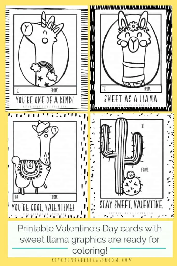 printable llama Valentines day cards ready to be colored