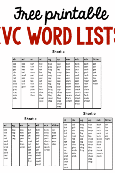 free printable CVC word lists