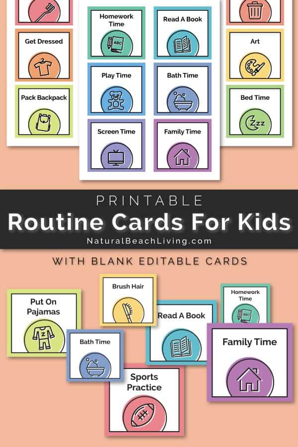 Printable Routine Cards for Kids text with image examples of cards over a pink colored background