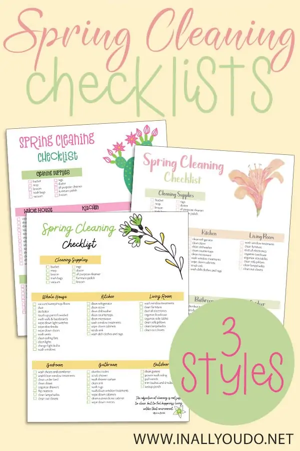 Spring Cleaning Checklists text and image examples of free printables with a tan background