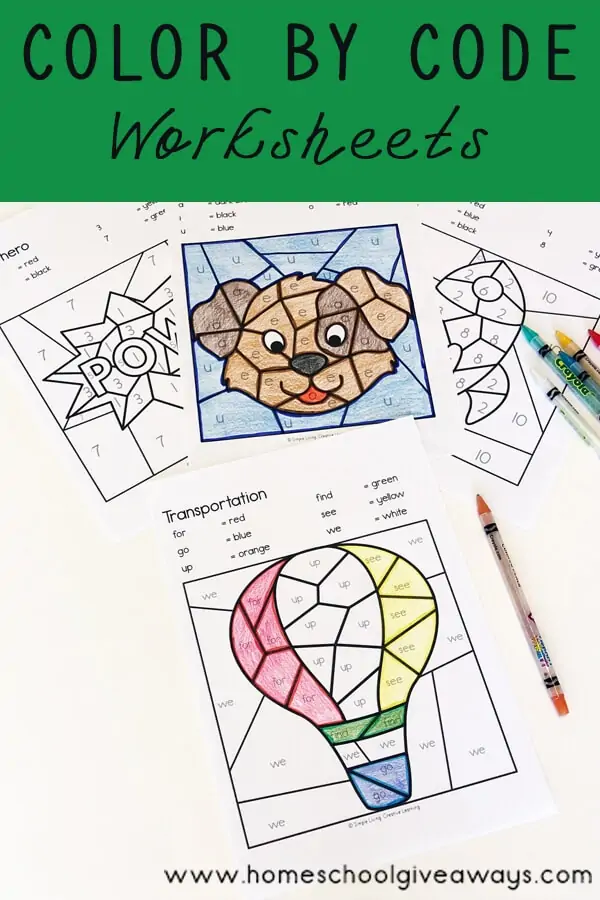 Color by Code Worksheets text with image examples of various coloring pages