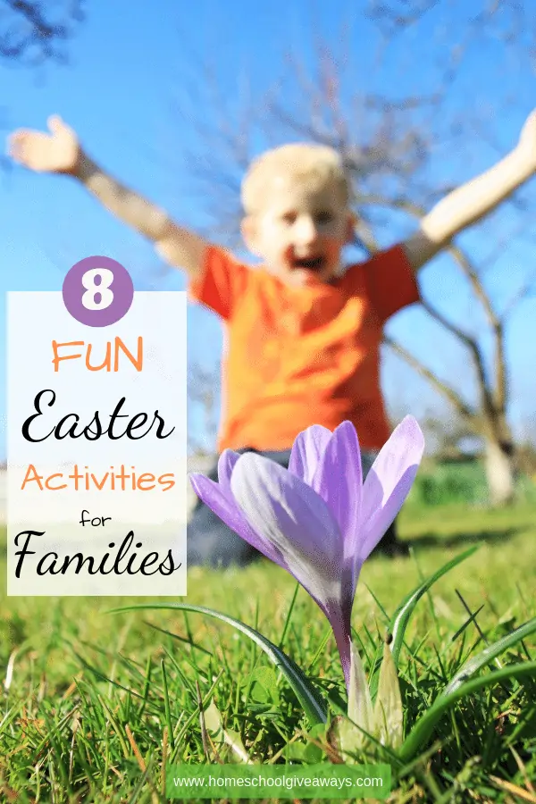 8 Fun Easter Activities for Families text with image of a boy playing in the grass
