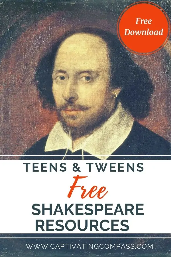 image of painting of Shakespeare with text overlya 21 free Shakespeare Resources for Teens & Tweens