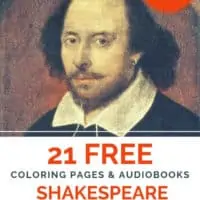 image of painting of Shakespeare with text overlya 21 free Shakespeare Resources: coring pages & audio books