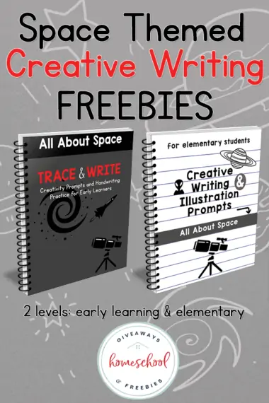 Space Themed Creative Writing Freebies text with image examples of two workbook covers