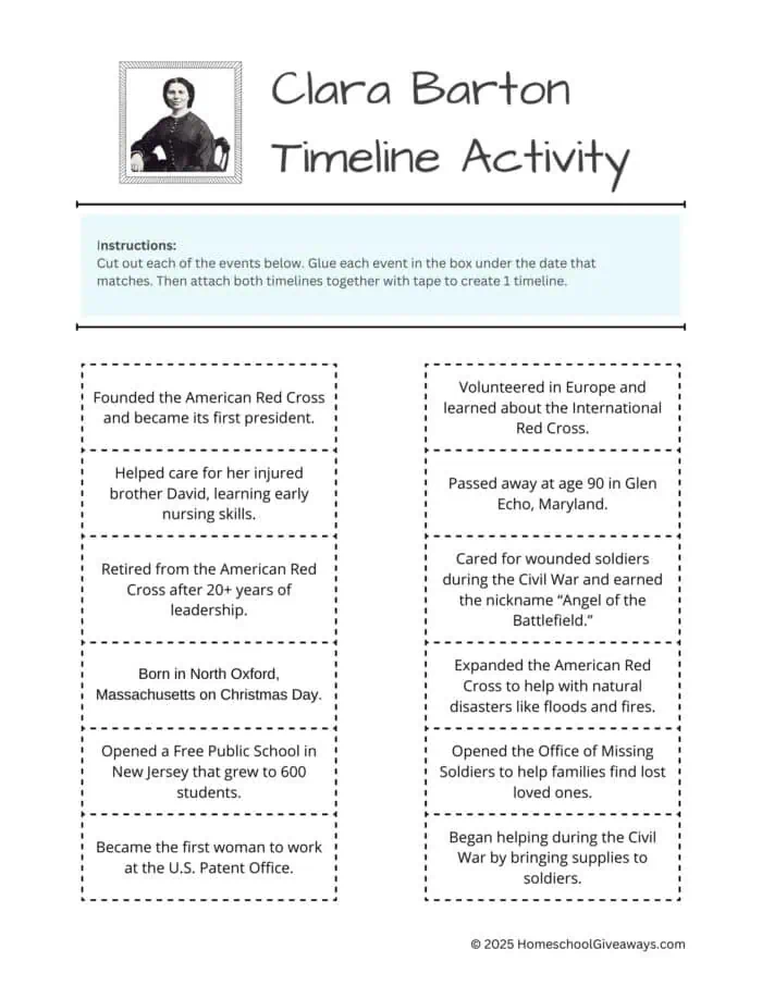 Clara Barton Timeline Worksheets with events and dates of her life.