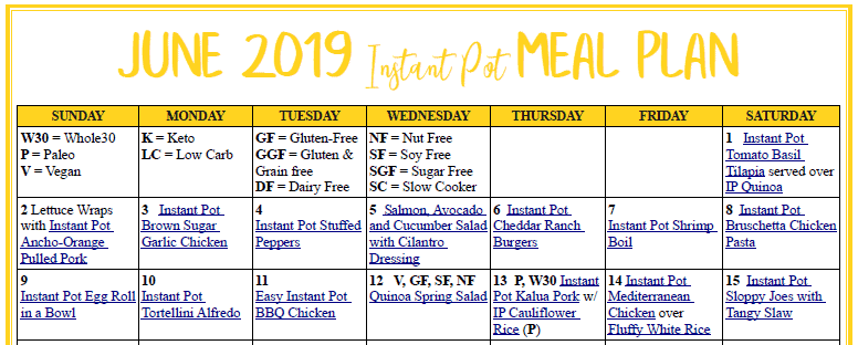 June 2019 meal plan calendar