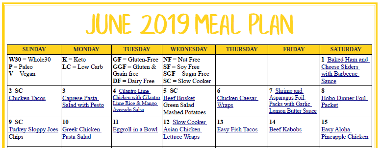 June 2019 meal plan calendar