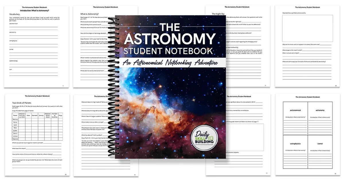 The Astronomy Student Notebook workbook cover with image background of page examples