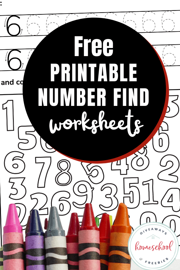 free printable number find worksheets with picture of numbers and crayons.