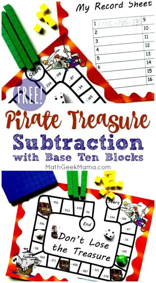 free pirate treasure subtraction with base ten blocks