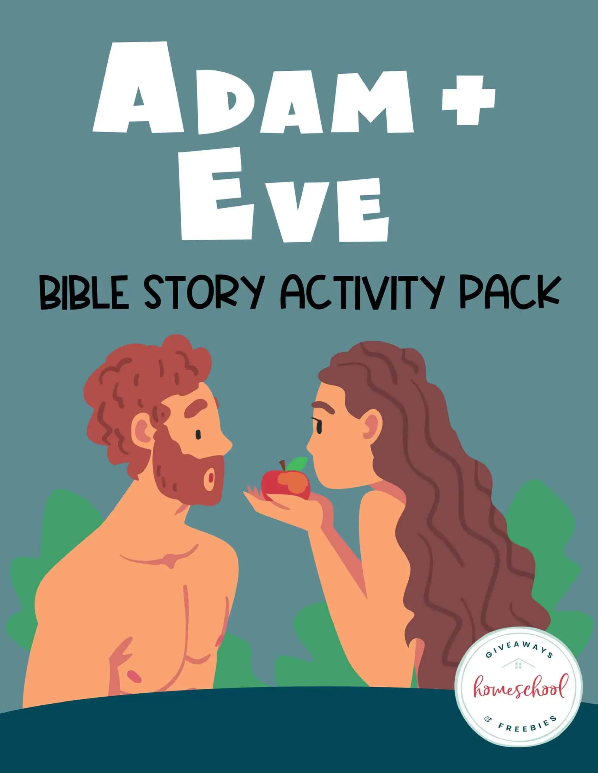 Adam & Eve with apple on cover page of bible story activity pack