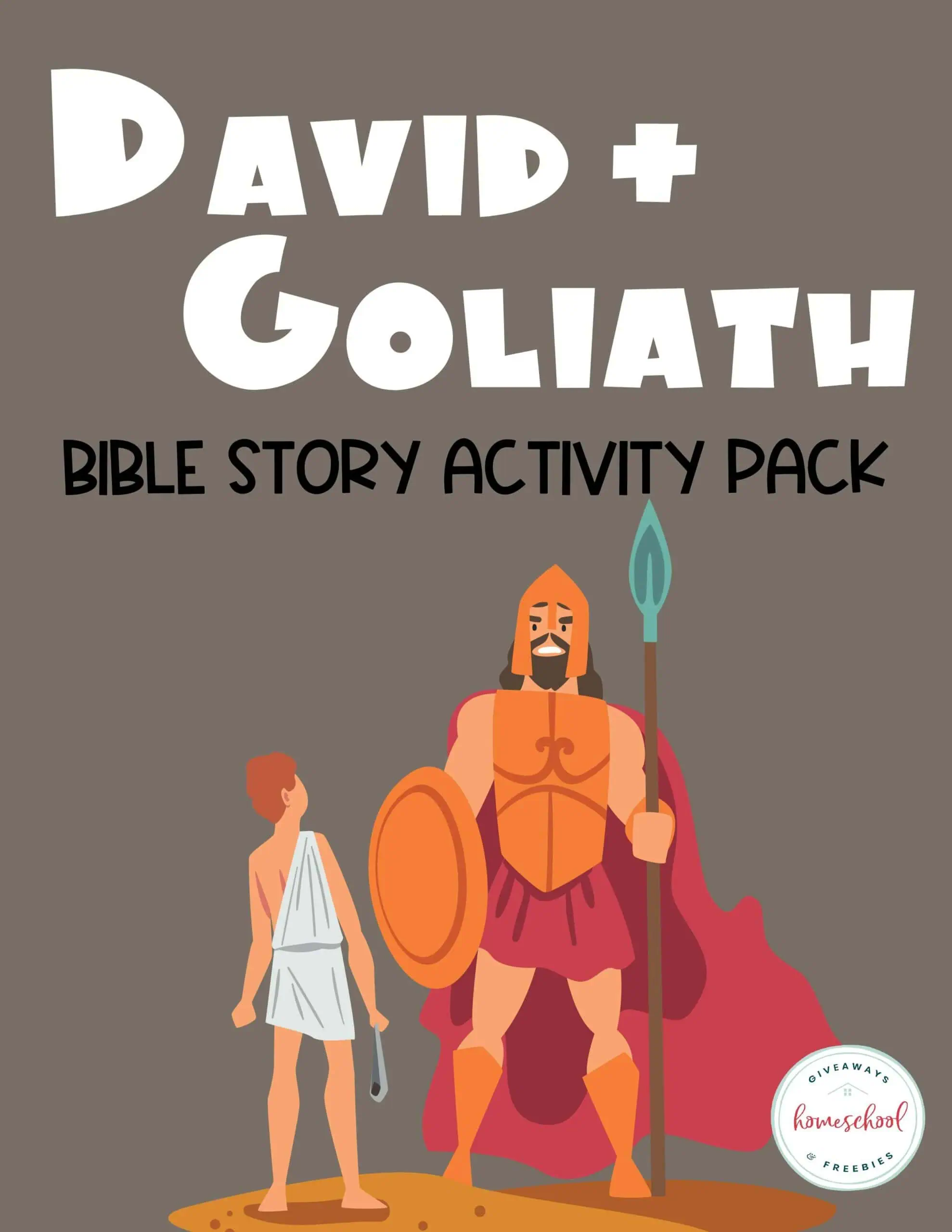 David with his sling facing Goliath with his spear and shield on cover page of bible story activity pack
