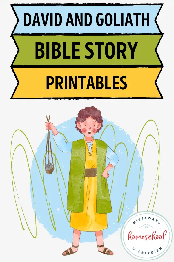 David and Goliath Bible Story Printables with a cartoon picture of David holding a sling and a stone