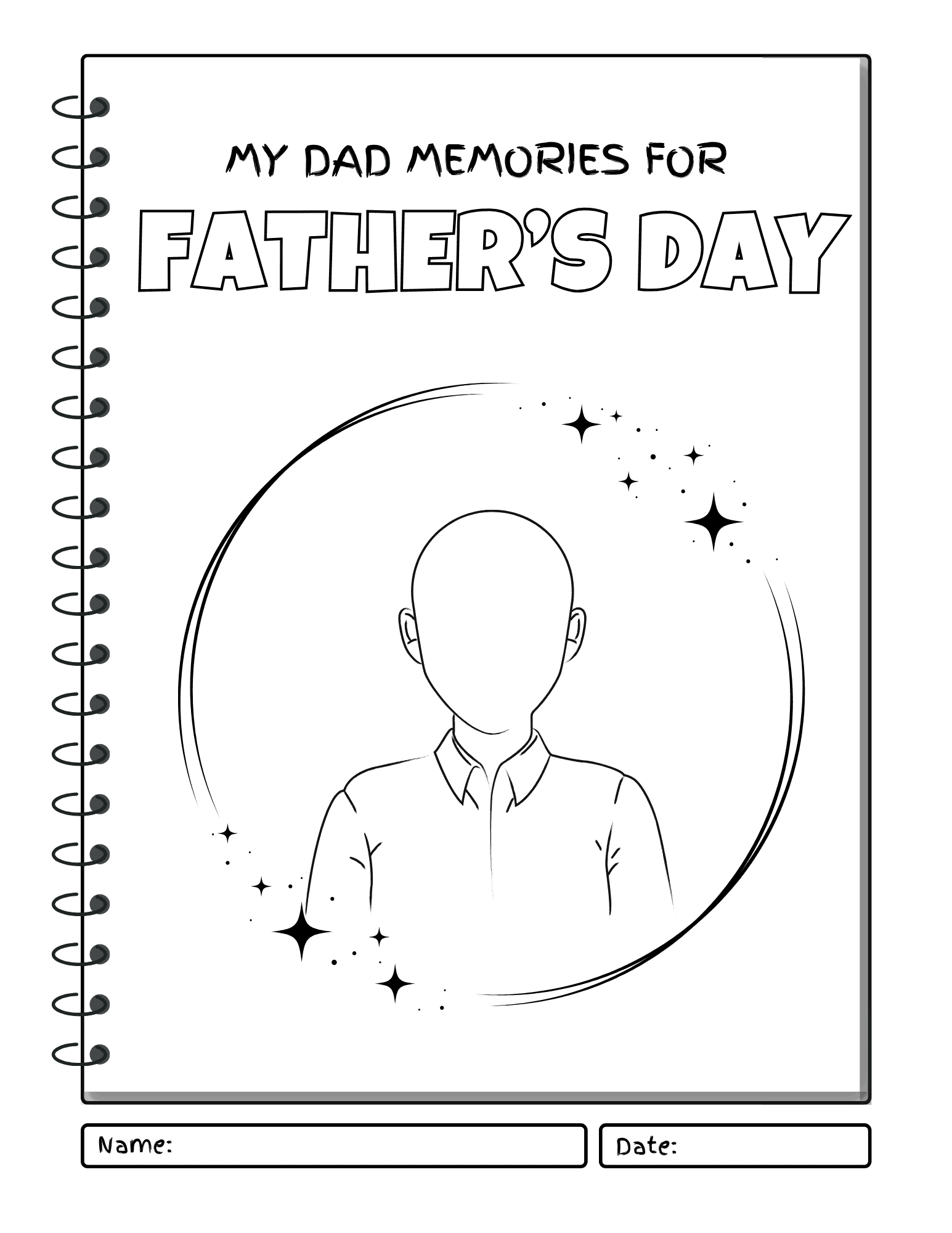 Father's Day memory book cover with blank dad to draw and color