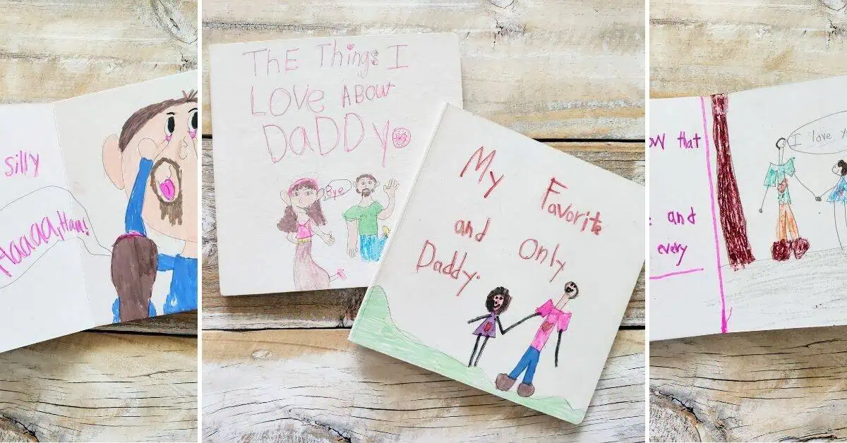 father's day memory books with handdrawings of Dad and daughters