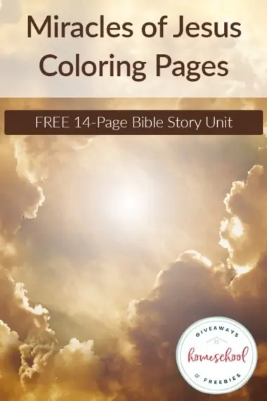 Miracles of Jesus Coloring Pages text with background image of sunny skies
