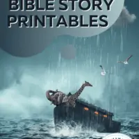 Noah's Ark Bible Story Printables wit a picture of animals on an ark in the rain