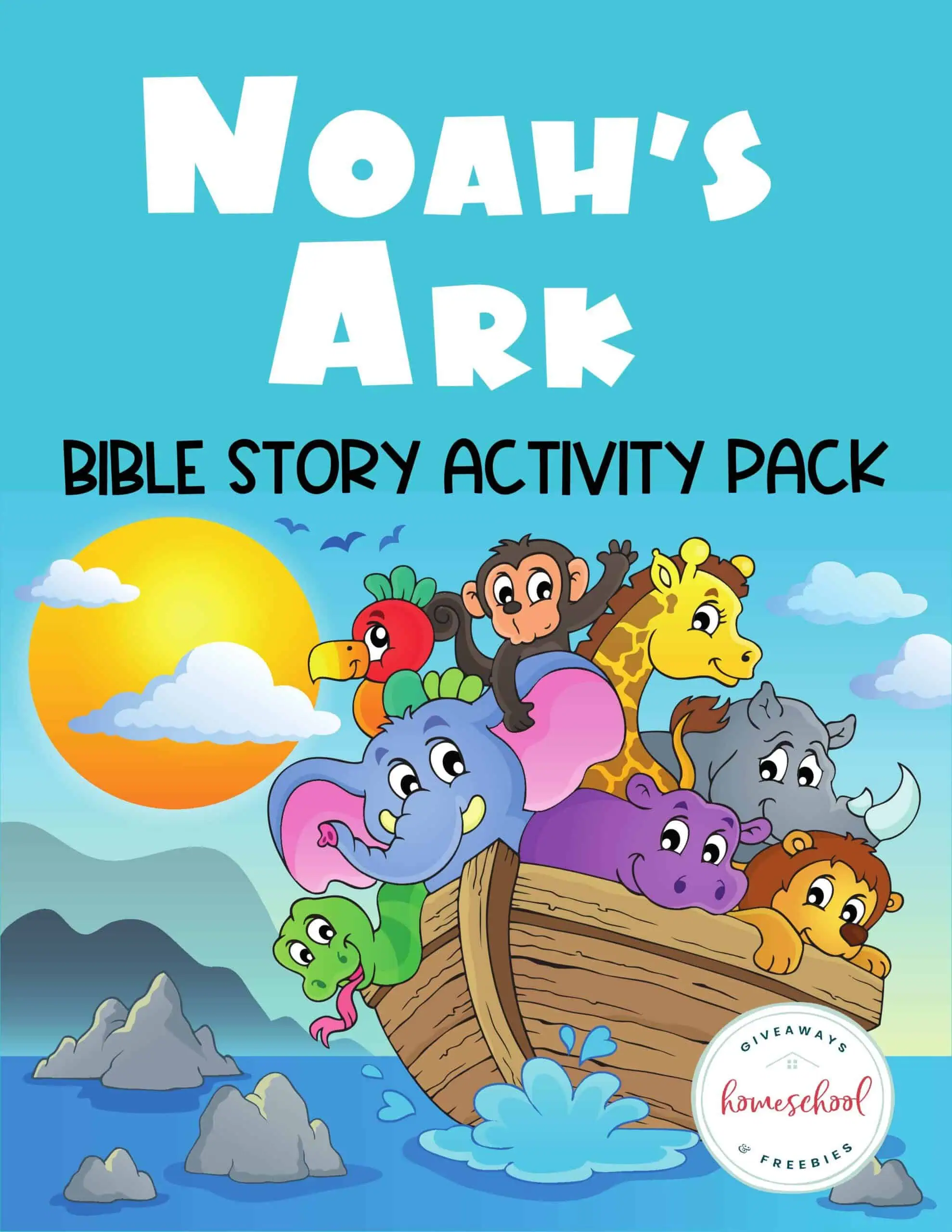 Cartoon ark with multiple animals on cover page of bible story activity pack