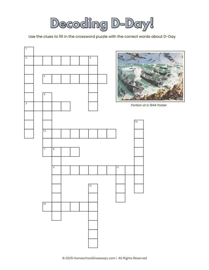 WWII D-Day crossword puzzle with poster image of the invasion
