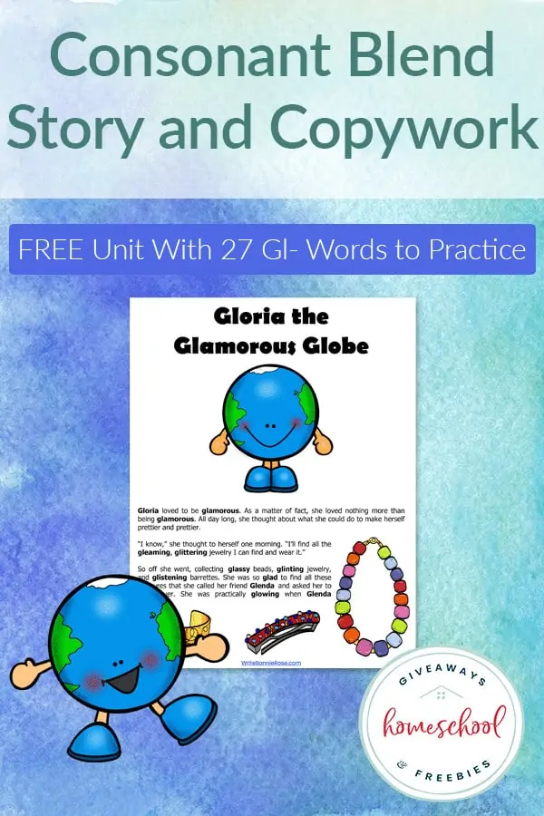 Consonant Blend Story and Copywork text with image example of printable worksheet over a blue background