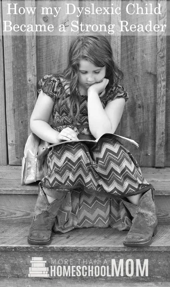 black and white image of a girl sitting and reading with text How my Dyslexic Child Became a Strong Reader