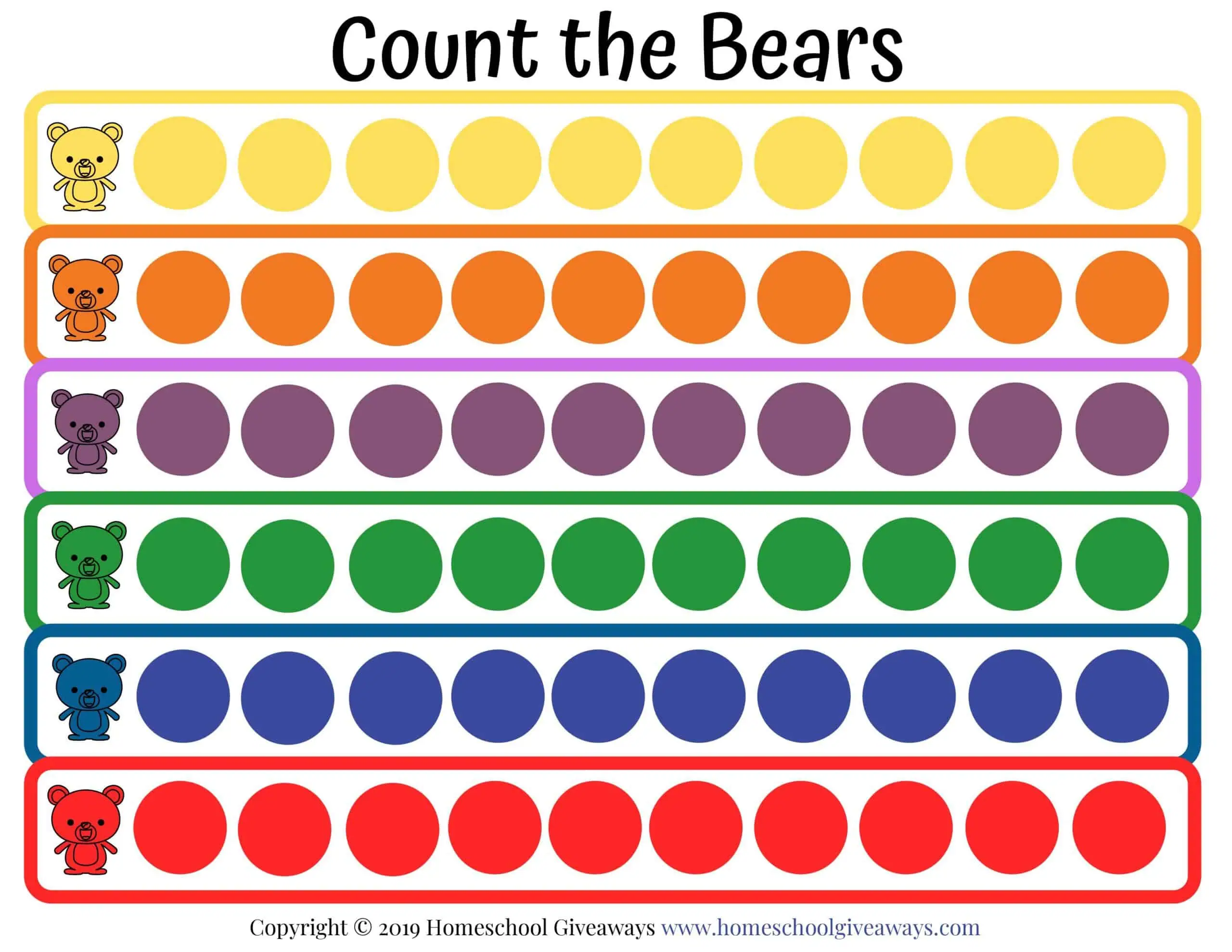 Colorful counting bears mat with six rows of different colored circles for children to place bears and practice counting, number recognition, and color sorting.