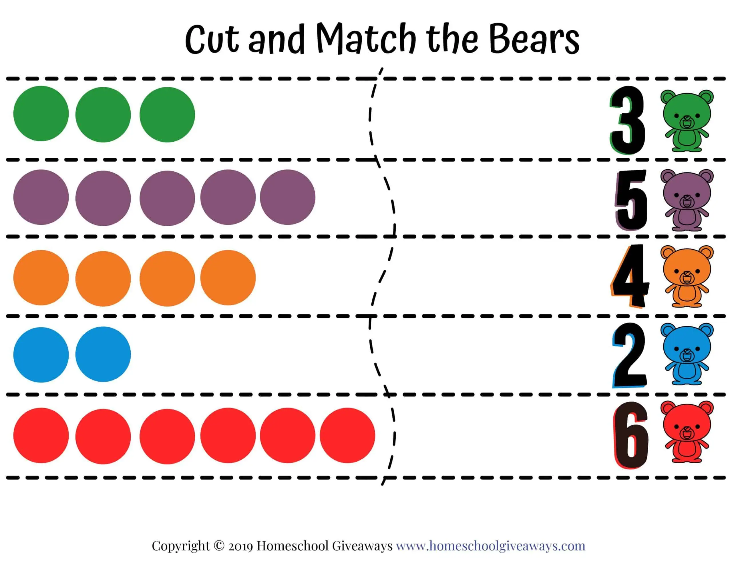 Counting bear cut-and-match worksheet with numbers next to colored bears to match rows of colored circles, where children place bears on each circle to show the correct number.