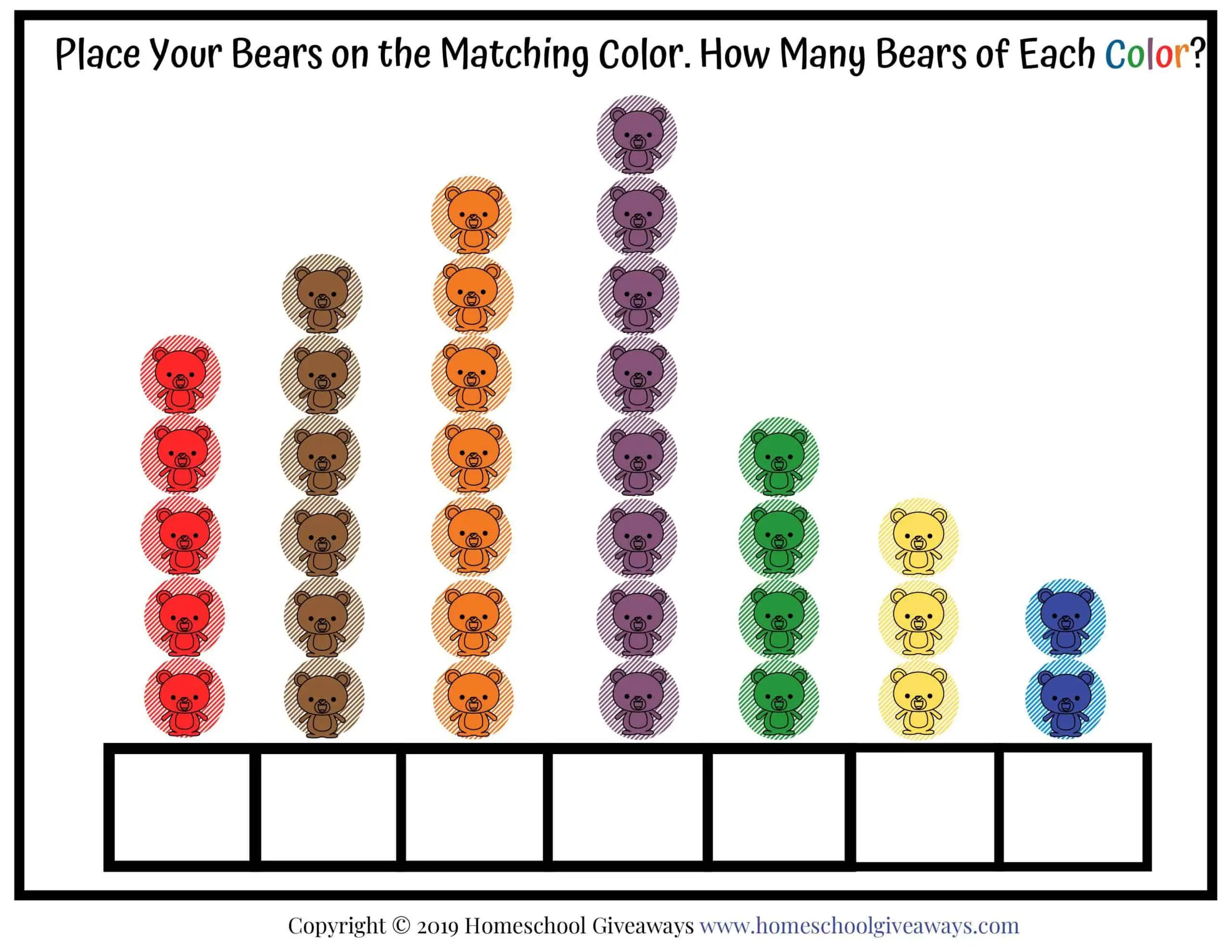 Counting bear number writing mat with columns of colored circles where children place bears, count them, and write the correct number in the box below.