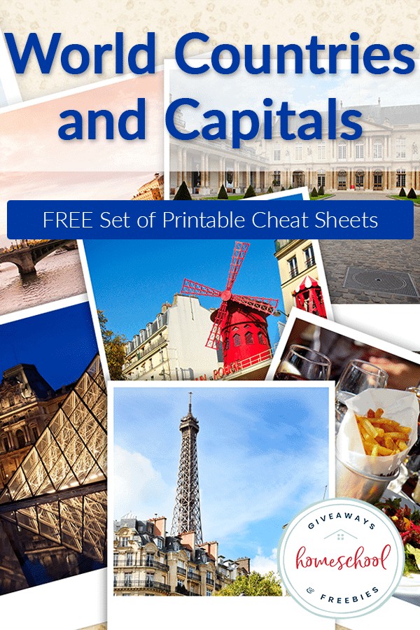 World Countries and Capitals text with image collage of different famous landmarks