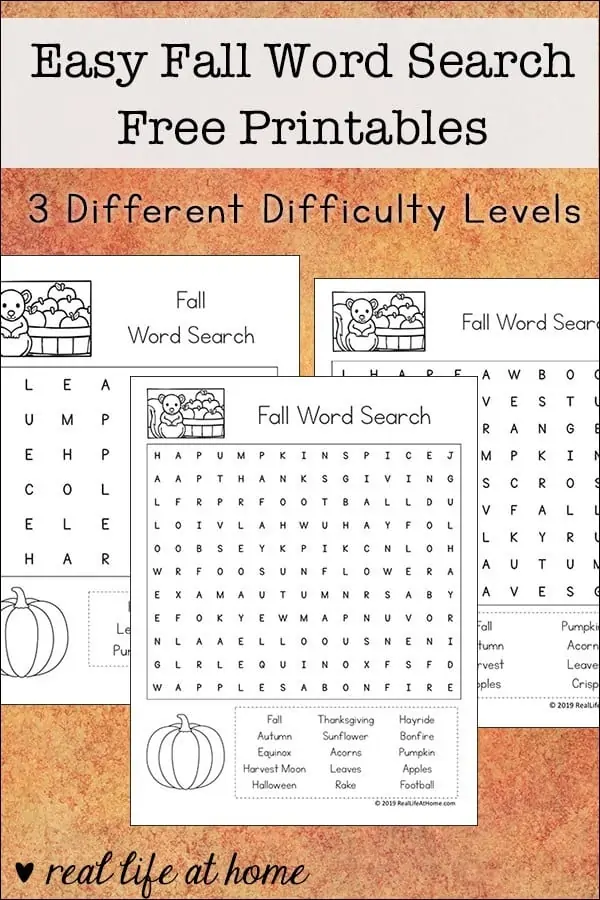 3 Different Difficulty Levels fall word search printables