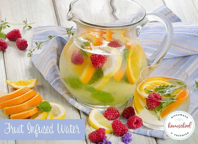 Fruit Infused Water text with image of a pitcher full of water and fruit