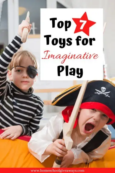 Top 7 Toys for Imaginative Play text with image of two kids wearing pirate costumes