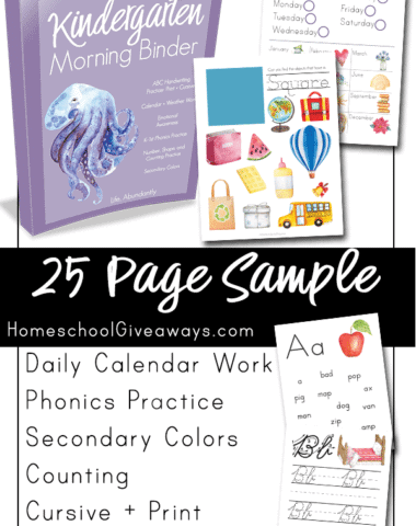 Looking for an easy way to keep your preschooler or kindergarten student busy while practicing basic skills each day to keep them fresh? This 25 page sample of the Kindergarten Morning Binder from Life Abundantly will help! It includes calendar pages, color blends, shape practice, a daily emotional inventory, weather observation, counting, and more!