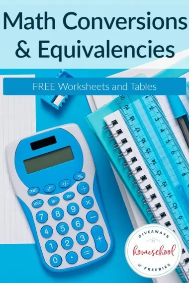 Math Conversions & Equivalencies Free Worksheets and Tables text with with image a calculator and a ruler