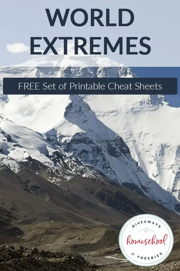 World Extremes Free Set of Printable Cheat Sheets text with image background of a snowy mountain