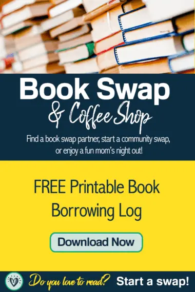 Book Swap & Coffee Shop text with background image of books