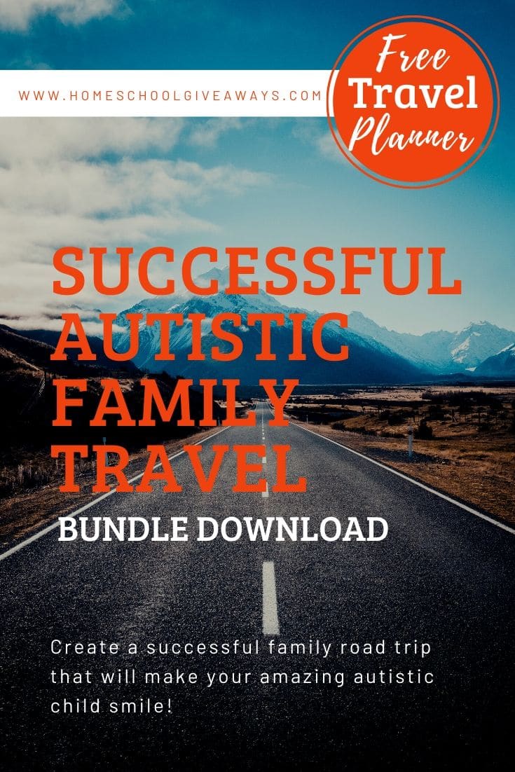 image of highway with text overlay: FREE Travel Planner for Successful Autistic Family Travel Bundle download. www.HomeschoolGiveaways.com