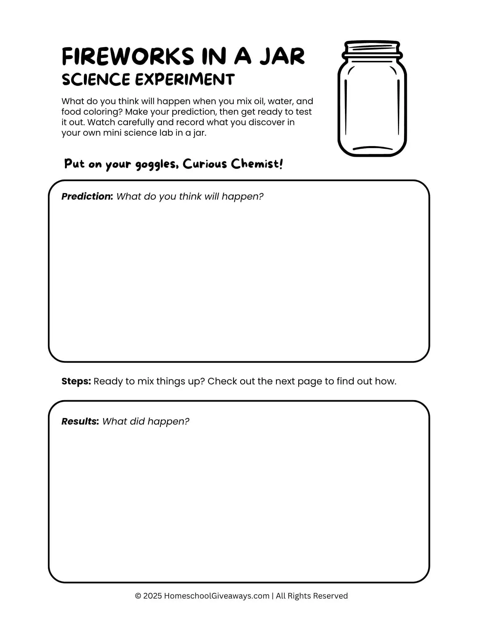 fireworks in a jar science experiment with jar outline and boxes to record prediction and results