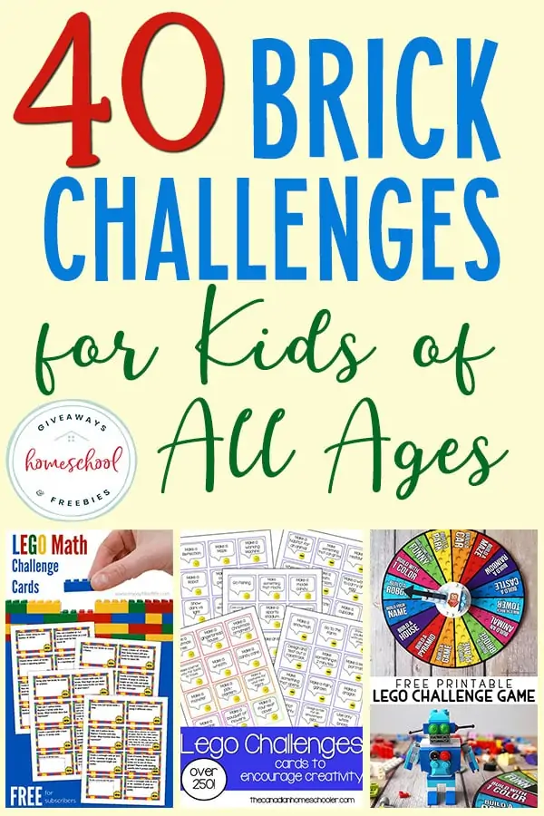 40 Brick Challenges for Kids of All Ages text with images of using Legos for learning