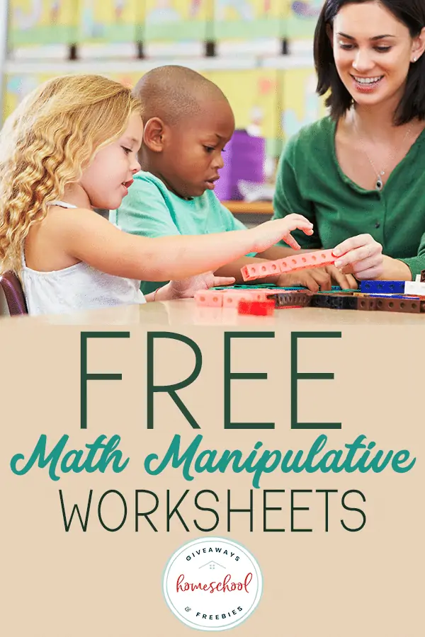 Free Math Manipulative Worksheets text with image of a teacher helping kids count