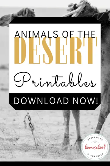 Animals of the Desert Printables Download Now! text with black and white background image of a camel