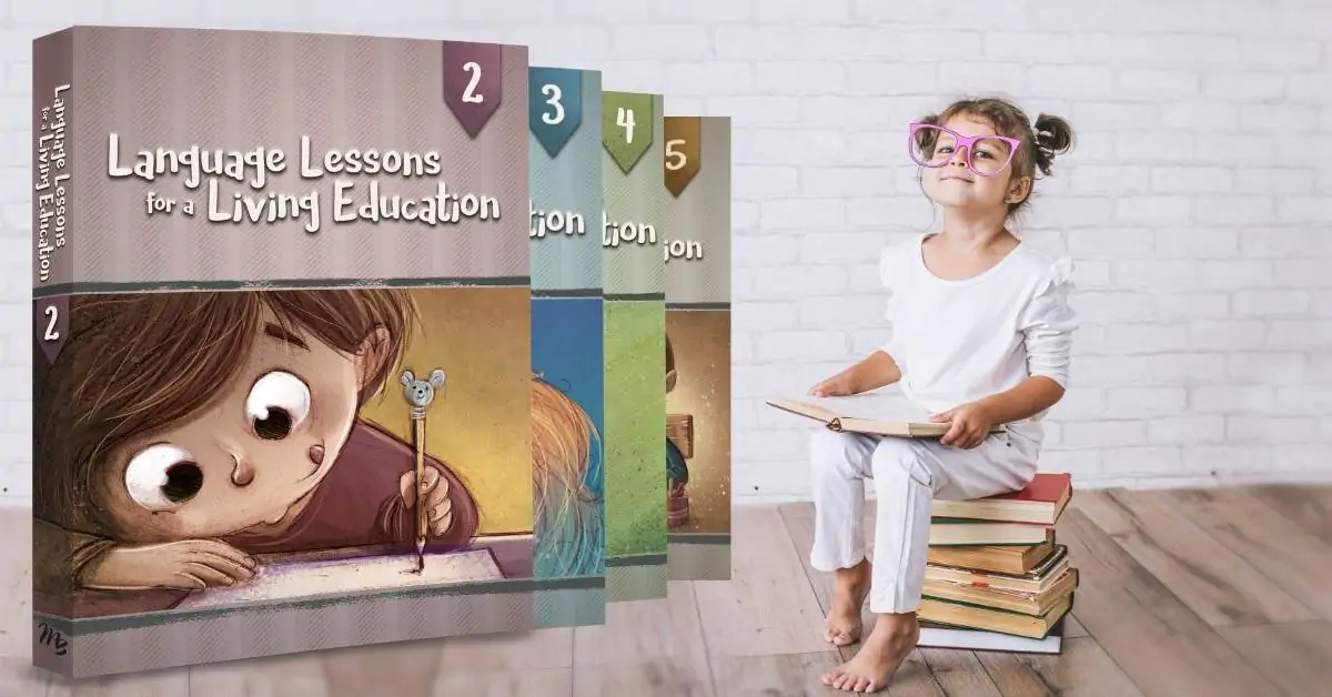 different Language Lessons workbooks for kids and image of a girl sitting on top of a stack of books