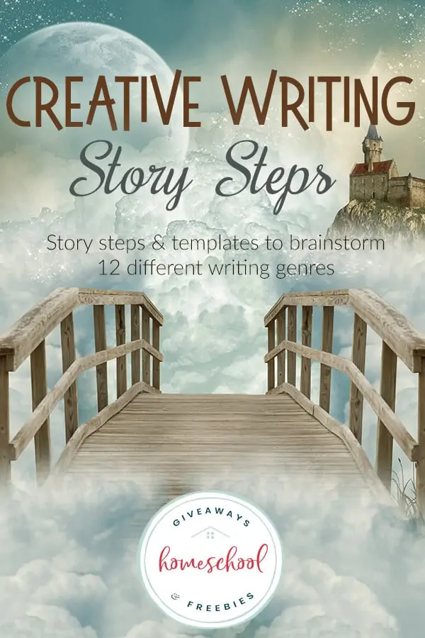 Creative Writing Story Steps text with image of a bridge and the clouds
