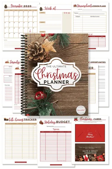 Christmas planner book cover with image examples of pages shown behind the book