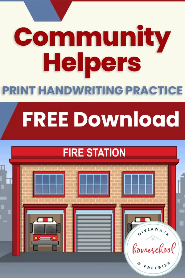 Community Helpers Print Handwriting Practice Free Download text with background illustrated image of a fire station