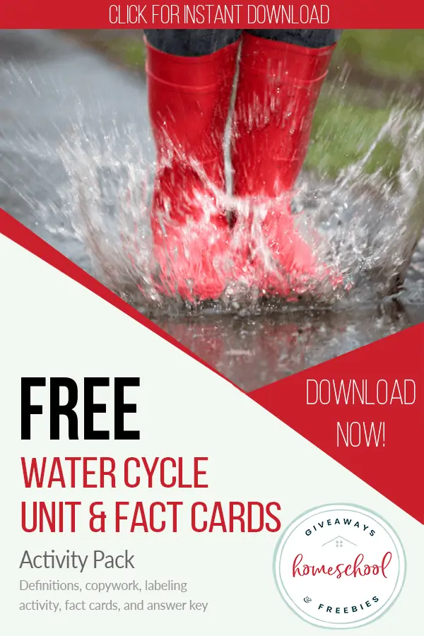 Free Water Cycle Unit & Fact Cards text with image of red rainboots stomping in a puddle
