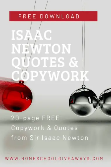 image of pendulum marbles with text overlay Isaac Newton Quotes & Copywork. Free Download on www.homeschoolgiveaways.com
