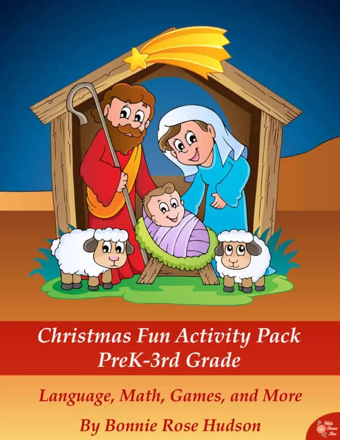 Christmas Fun Activity Pack Pre-K through 3rd Grade text with animated image of the nativity scene