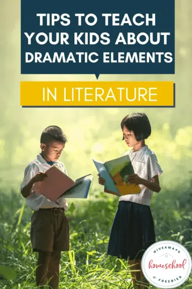 Dramatic Elements in Literature text with illustrated image of two kids reading books